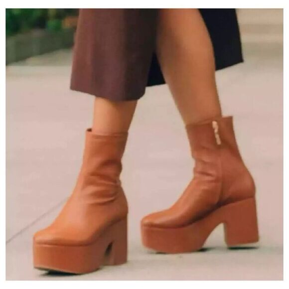 Larroude Shoes - Larroude Boots WMNS 7.5 Brown Miso Platform Stretch Leather Mid-Calf Ankle Y2K
